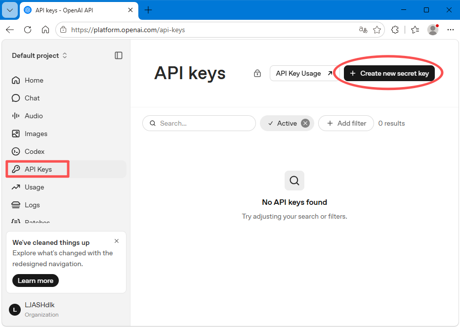OpenAI API Keys 页面