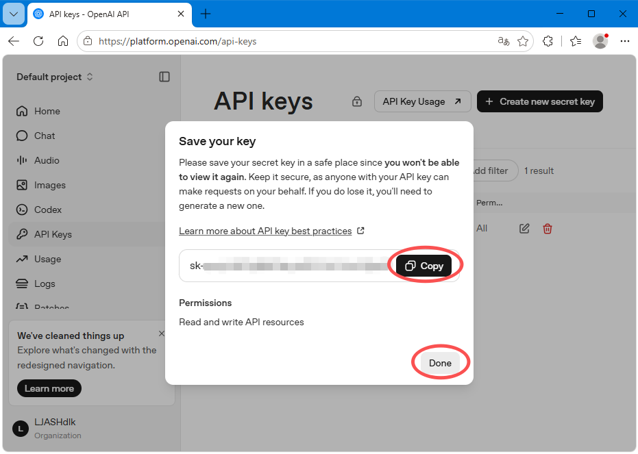 复制并保存 OpenAI API Key